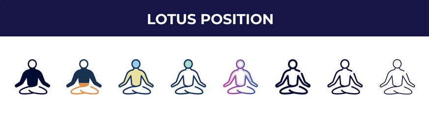 lotus position icon in 8 styles. line, filled, glyph, thin outline, colorful, stroke and gradient styles, lotus position vector sign. symbol, logo illustration. different style icons set.