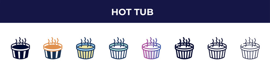 hot tub icon in 8 styles. line, filled, glyph, thin outline, colorful, stroke and gradient styles, hot tub vector sign. symbol, logo illustration. different style icons set.