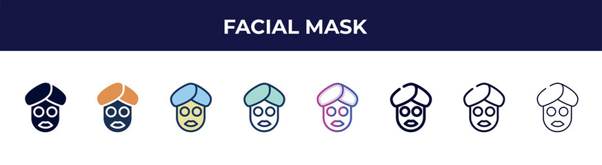 facial mask icon in 8 styles. line, filled, glyph, thin outline, colorful, stroke and gradient styles, facial mask vector sign. symbol, logo illustration. different style icons set.