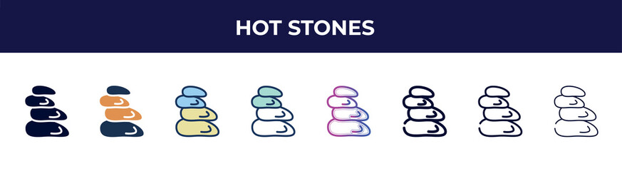 hot stones icon in 8 styles. line, filled, glyph, thin outline, colorful, stroke and gradient styles, hot stones vector sign. symbol, logo illustration. different style icons set.