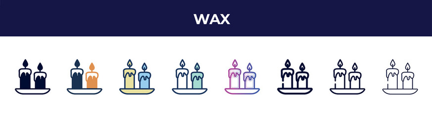 wax icon in 8 styles. line, filled, glyph, thin outline, colorful, stroke and gradient styles, wax vector sign. symbol, logo illustration. different style icons set.