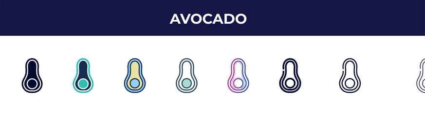avocado icon in 8 styles. line, filled, glyph, thin outline, colorful, stroke and gradient styles, avocado vector sign. symbol, logo illustration. different style icons set.