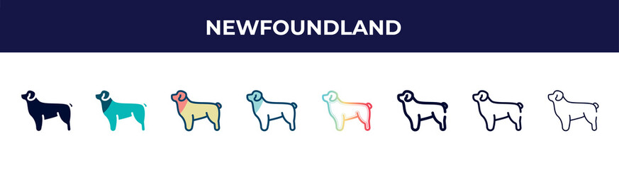 newfoundland icon in 8 styles. line, filled, glyph, thin outline, colorful, stroke and gradient styles, newfoundland vector sign. symbol, logo illustration. different style icons set.