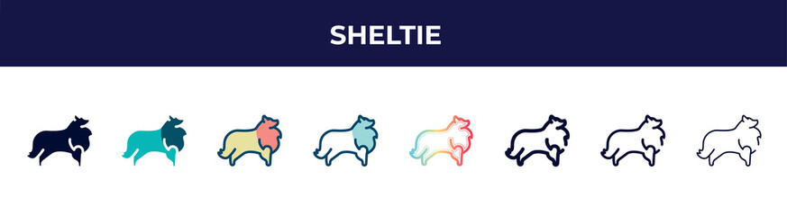 sheltie icon in 8 styles. line, filled, glyph, thin outline, colorful, stroke and gradient styles, sheltie vector sign. symbol, logo illustration. different style icons set.