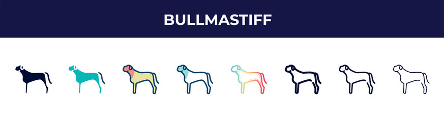 bullmastiff icon in 8 styles. line, filled, glyph, thin outline, colorful, stroke and gradient styles, bullmastiff vector sign. symbol, logo illustration. different style icons set.