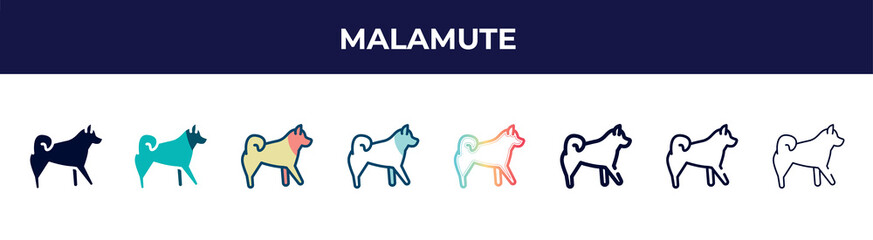 malamute icon in 8 styles. line, filled, glyph, thin outline, colorful, stroke and gradient styles, malamute vector sign. symbol, logo illustration. different style icons set. © VectorStockDesign