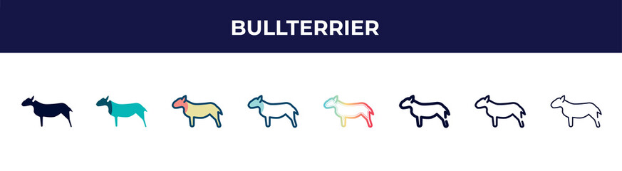 bullterrier icon in 8 styles. line, filled, glyph, thin outline, colorful, stroke and gradient styles, bullterrier vector sign. symbol, logo illustration. different style icons set.