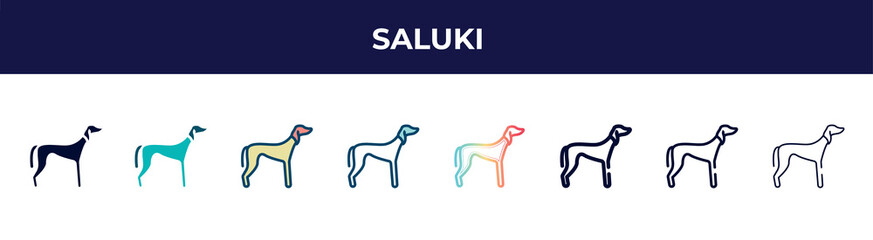 saluki icon in 8 styles. line, filled, glyph, thin outline, colorful, stroke and gradient styles, saluki vector sign. symbol, logo illustration. different style icons set.
