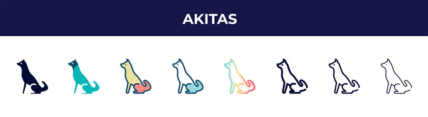 akitas icon in 8 styles. line, filled, glyph, thin outline, colorful, stroke and gradient styles, akitas vector sign. symbol, logo illustration. different style icons set.