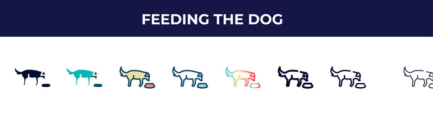 feeding the dog icon in 8 styles. line, filled, glyph, thin outline, colorful, stroke and gradient styles, feeding the dog vector sign. symbol, logo illustration. different style icons set.