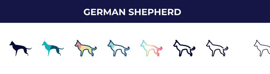 german shepherd icon in 8 styles. line, filled, glyph, thin outline, colorful, stroke and gradient styles, german shepherd vector sign. symbol, logo illustration. different style icons set.