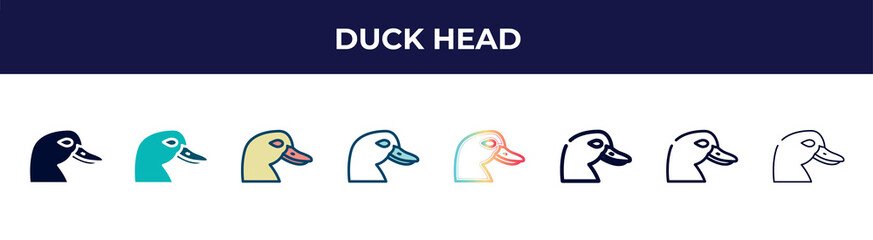 duck head icon in 8 styles. line, filled, glyph, thin outline, colorful, stroke and gradient styles, duck head vector sign. symbol, logo illustration. different style icons set.