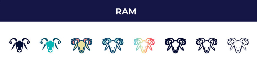 ram icon in 8 styles. line, filled, glyph, thin outline, colorful, stroke and gradient styles, ram vector sign. symbol, logo illustration. different style icons set.