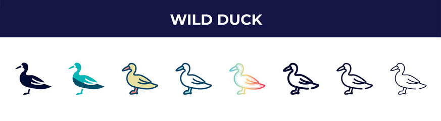 wild duck icon in 8 styles. line, filled, glyph, thin outline, colorful, stroke and gradient styles, wild duck vector sign. symbol, logo illustration. different style icons set.