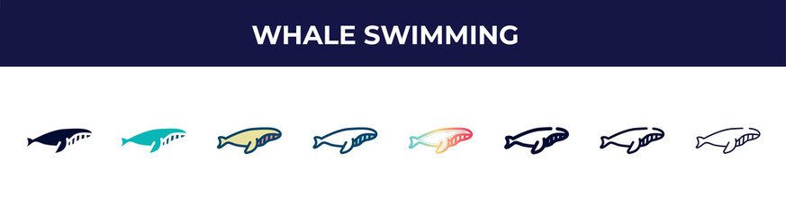 whale swimming icon in 8 styles. line, filled, glyph, thin outline, colorful, stroke and gradient styles, whale swimming vector sign. symbol, logo illustration. different style icons set.