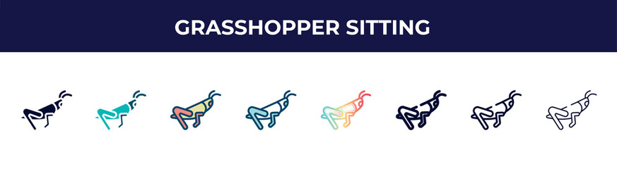 grasshopper sitting icon in 8 styles. line, filled, glyph, thin outline, colorful, stroke and gradient styles, grasshopper sitting vector sign. symbol, logo illustration. different style icons set.