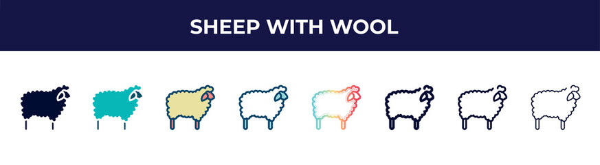 sheep with wool icon in 8 styles. line, filled, glyph, thin outline, colorful, stroke and gradient styles, sheep with wool vector sign. symbol, logo illustration. different style icons set.