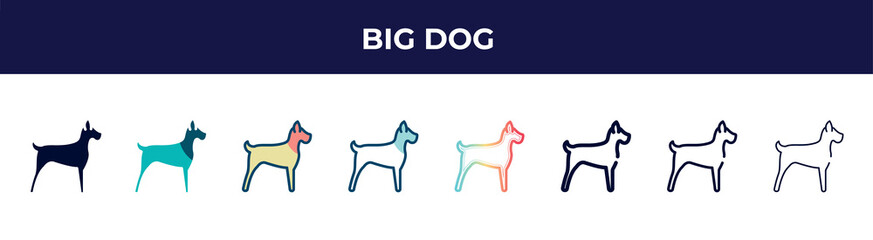 big dog icon in 8 styles. line, filled, glyph, thin outline, colorful, stroke and gradient styles, big dog vector sign. symbol, logo illustration. different style icons set.