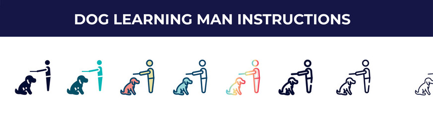 dog learning man instructions icon in 8 styles. line, filled, glyph, thin outline, colorful, stroke and gradient styles, dog learning man instructions vector sign. symbol, logo illustration.