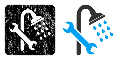 Vector shower plumbing hole pictogram. Grunge shower plumbing seal stamp, done from icon and rounded square. Rounded square seal contain shower plumbing hole inside.