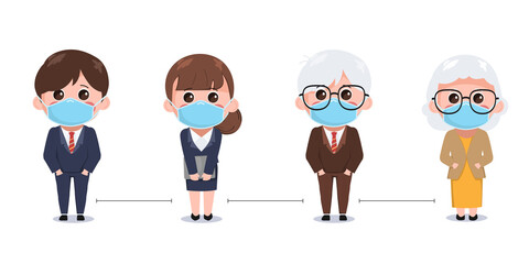Cute cartoon people keeping distance for safety away from covid-19 coronavirus.