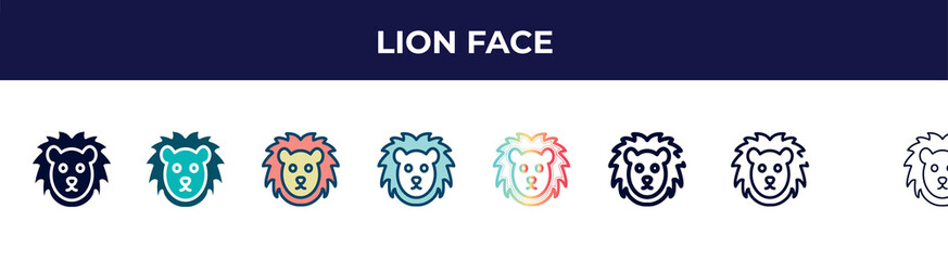 lion face icon in 8 styles. line, filled, glyph, thin outline, colorful, stroke and gradient styles, lion face vector sign. symbol, logo illustration. different style icons set.