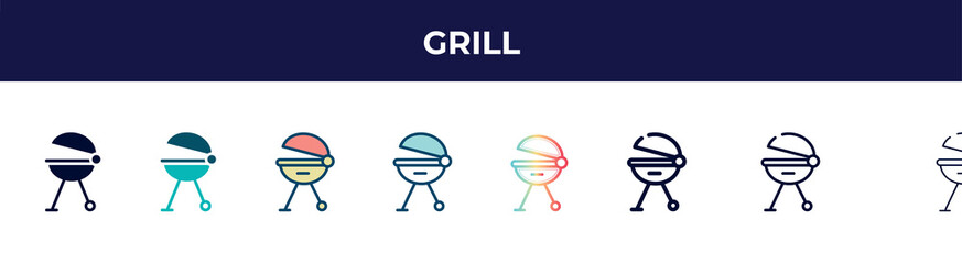 grill icon in 8 styles. line, filled, glyph, thin outline, colorful, stroke and gradient styles, grill vector sign. symbol, logo illustration. different style icons set.