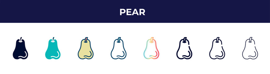 pear icon in 8 styles. line, filled, glyph, thin outline, colorful, stroke and gradient styles, pear vector sign. symbol, logo illustration. different style icons set.