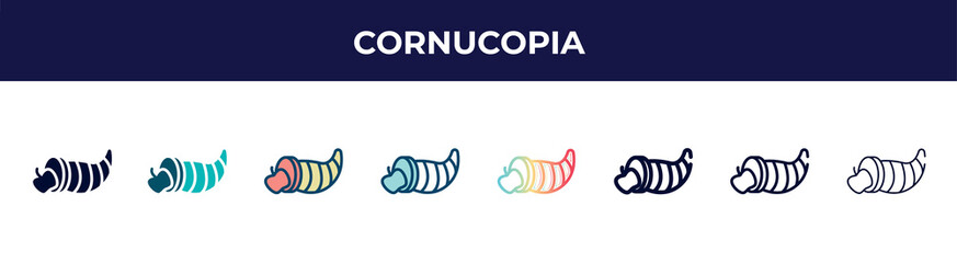 cornucopia icon in 8 styles. line, filled, glyph, thin outline, colorful, stroke and gradient styles, cornucopia vector sign. symbol, logo illustration. different style icons set.