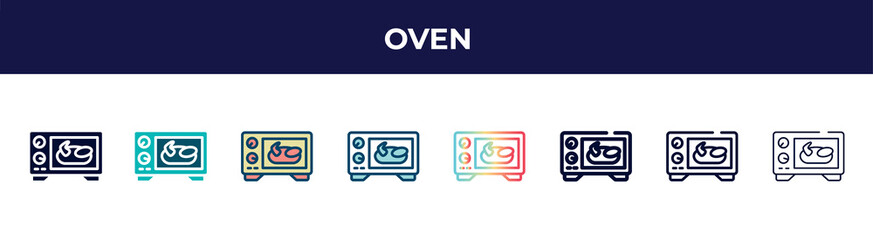 oven icon in 8 styles. line, filled, glyph, thin outline, colorful, stroke and gradient styles, oven vector sign. symbol, logo illustration. different style icons set.