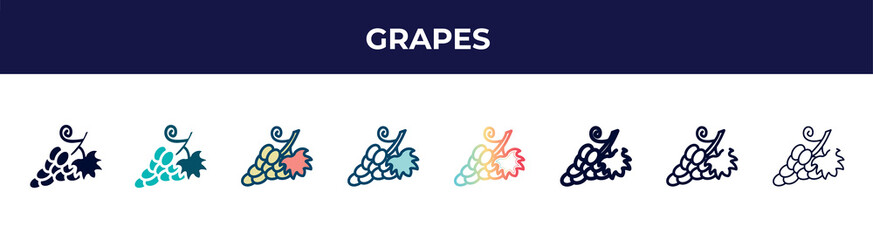 grapes icon in 8 styles. line, filled, glyph, thin outline, colorful, stroke and gradient styles, grapes vector sign. symbol, logo illustration. different style icons set.