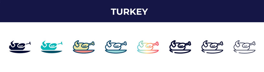 turkey icon in 8 styles. line, filled, glyph, thin outline, colorful, stroke and gradient styles, turkey vector sign. symbol, logo illustration. different style icons set.