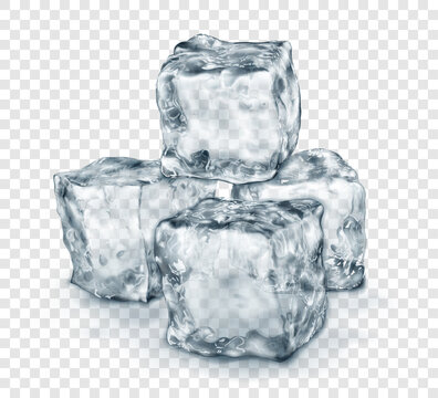 Group of realistic translucent ice cubes in gray color, with shadow, isolated on transparent background. Transparency only in vector format