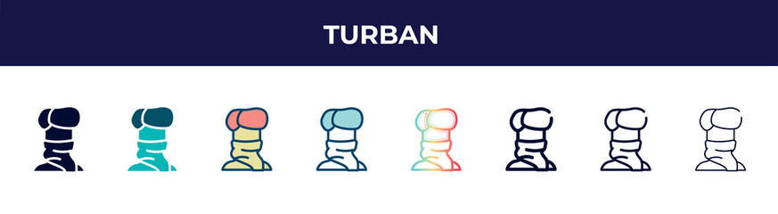 turban icon in 8 styles. line, filled, glyph, thin outline, colorful, stroke and gradient styles, turban vector sign. symbol, logo illustration. different style icons set.