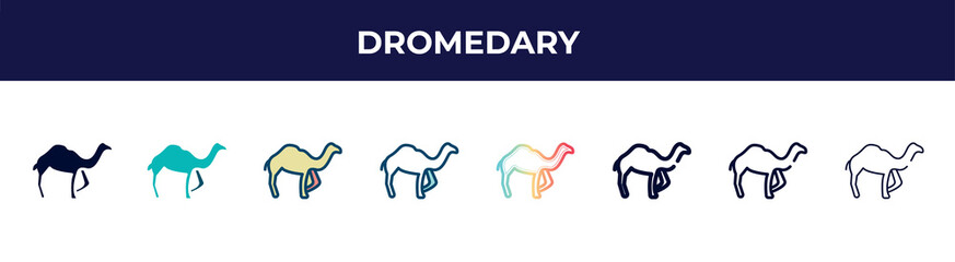 dromedary icon in 8 styles. line, filled, glyph, thin outline, colorful, stroke and gradient styles, dromedary vector sign. symbol, logo illustration. different style icons set.
