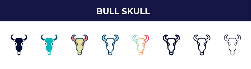 bull skull icon in 8 styles. line, filled, glyph, thin outline, colorful, stroke and gradient styles, bull skull vector sign. symbol, logo illustration. different style icons set.