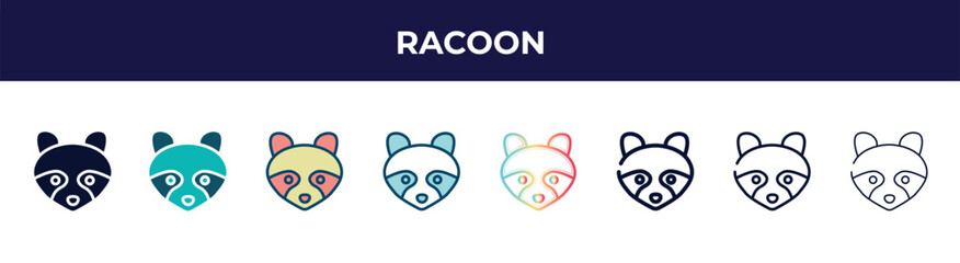 racoon icon in 8 styles. line, filled, glyph, thin outline, colorful, stroke and gradient styles, racoon vector sign. symbol, logo illustration. different style icons set. - obrazy, fototapety, plakaty