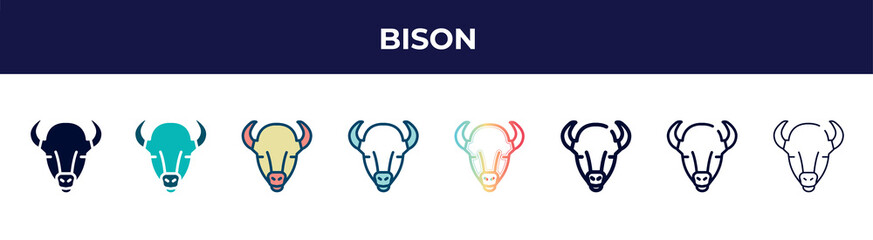 bison icon in 8 styles. line, filled, glyph, thin outline, colorful, stroke and gradient styles, bison vector sign. symbol, logo illustration. different style icons set. © VectorStockDesign