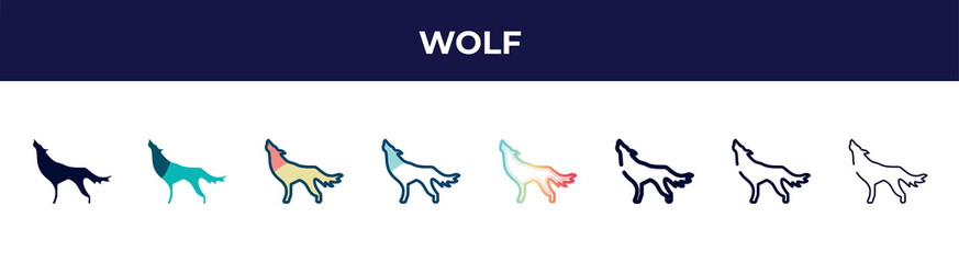 wolf icon in 8 styles. line, filled, glyph, thin outline, colorful, stroke and gradient styles, wolf vector sign. symbol, logo illustration. different style icons set.
