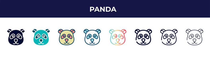 panda icon in 8 styles. line, filled, glyph, thin outline, colorful, stroke and gradient styles, panda vector sign. symbol, logo illustration. different style icons set.