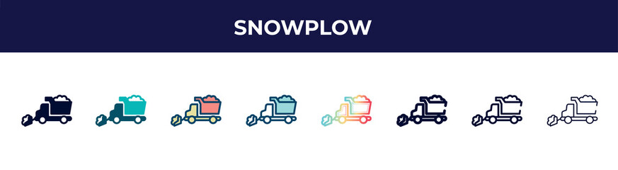 snowplow icon in 8 styles. line, filled, glyph, thin outline, colorful, stroke and gradient styles, snowplow vector sign. symbol, logo illustration. different style icons set.