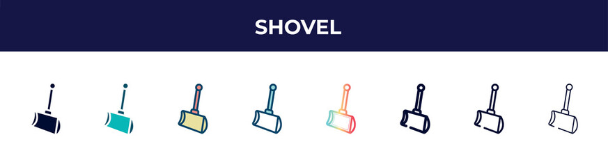 shovel icon in 8 styles. line, filled, glyph, thin outline, colorful, stroke and gradient styles, shovel vector sign. symbol, logo illustration. different style icons set.