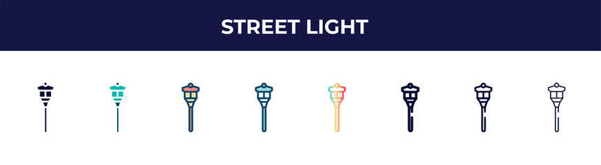 street light icon in 8 styles. line, filled, glyph, thin outline, colorful, stroke and gradient styles, street light vector sign. symbol, logo illustration. different style icons set.