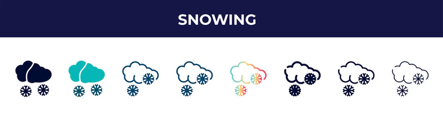 snowing icon in 8 styles. line, filled, glyph, thin outline, colorful, stroke and gradient styles, snowing vector sign. symbol, logo illustration. different style icons set.