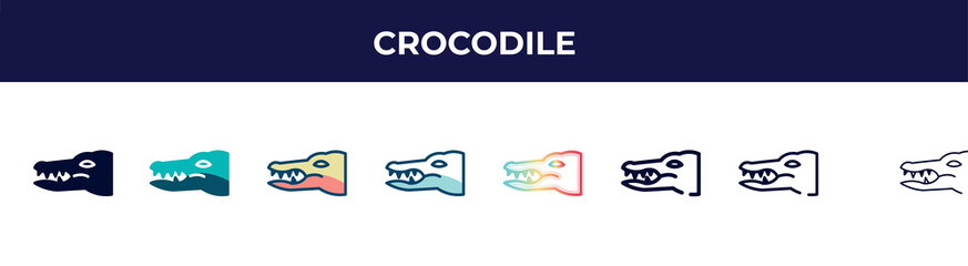 crocodile icon in 8 styles. line, filled, glyph, thin outline, colorful, stroke and gradient styles, crocodile vector sign. symbol, logo illustration. different style icons set.