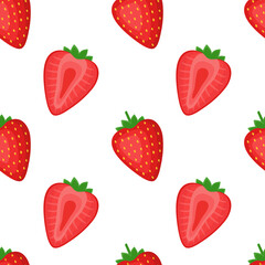 Seamless pattern with strawberries, whole berries and halves, vector illustration