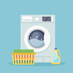 Laundry room with washing machine, detergent and plastic basket with clean linen. Vector illustration - obrazy, fototapety, plakaty
