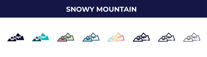 snowy mountain icon in 8 styles. line, filled, glyph, thin outline, colorful, stroke and gradient styles, snowy mountain vector sign. symbol, logo illustration. different style icons set.