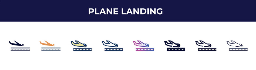 plane landing icon in 8 styles. line, filled, glyph, thin outline, colorful, stroke and gradient styles, plane landing vector sign. symbol, logo illustration. different style icons set.