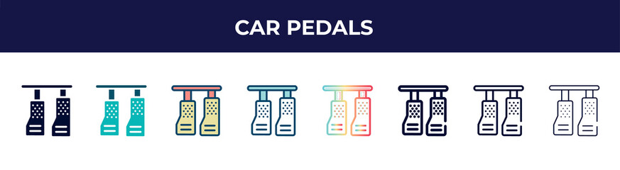 car pedals icon in 8 styles. line, filled, glyph, thin outline, colorful, stroke and gradient styles, car pedals vector sign. symbol, logo illustration. different style icons set.